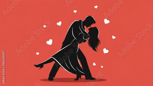 Couple Dancing Tango on Red Background with Hearts