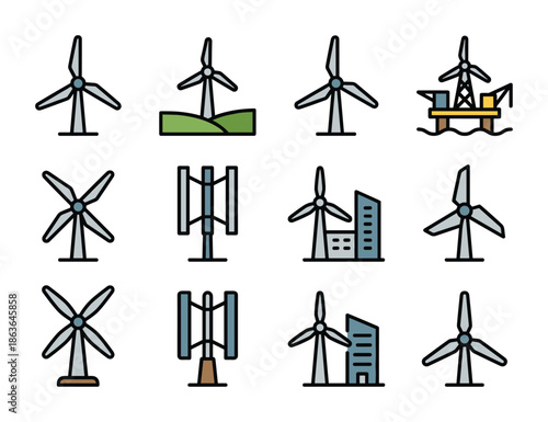 Eco power icons with wind turbines,cellular towers, and an offshore rig. Renewable energy and clean technology vectors.