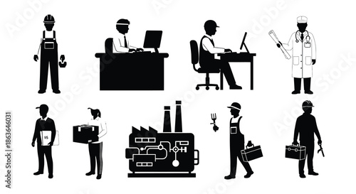 Diverse professions illustrated factory worker doctor chef and office staff silhouettes