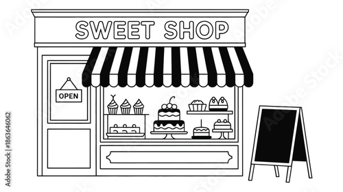 A charming black and white illustration of a vintage sweet shop storefront