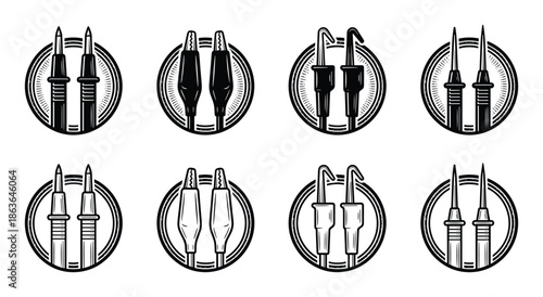 Electrical test leads set vector icons. Test probes in circle design, measurement symbols. Isolated elements.