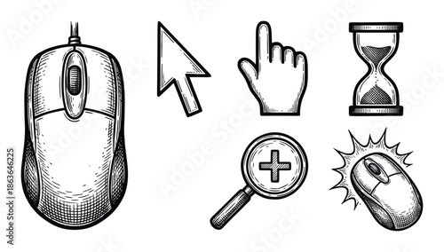 Engraved cursor icons set: Computer mouse, pointer, clicking hand, hourglass, magnifier for web design, and software.