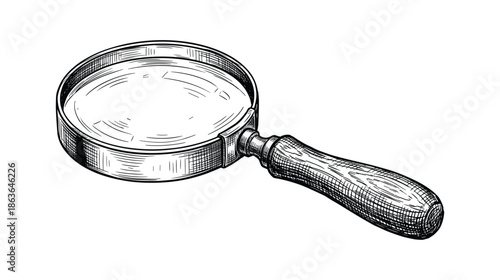 Engraved style drawing of a magnifying glass. Featuring a detailed wooden handle and glass lens.