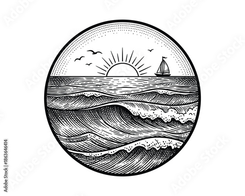 Engraved ocean illustration with wave patterns, setting sun, sailboat, birds in circle. Black and white design.