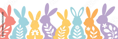 A colorful cheerful line of eight solid bunny silhouettes featuring delicate white floral patterns