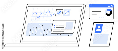 Data analytics theme. Data analytics showcased with a laptop, graphs, and charts for reports. Data analytics supporting insights, tracking, and business intelligence decisions. For IT, finance
