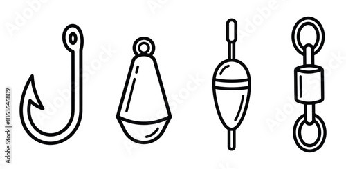 Fishing icons vector set. Collection of line art hook, sinker, bobber, and swivel for fishing.