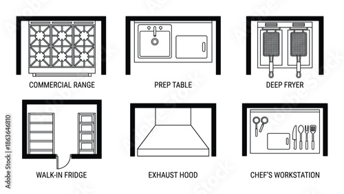 Floorplan symbols of kitchen equipment, including stove, prep table, fryer, fridge, workstation, and exhaust hood.