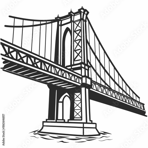 Minimalist black and white vector illustration of a large suspension bridge tower structure connecting roadways over water in a graphic style