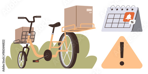 Logistics, delivery services, shipping deadlines, time management, reminders, notifications. A cargo bike with packages, a calendar with alerts and a warning sign. Logistics and delivery services
