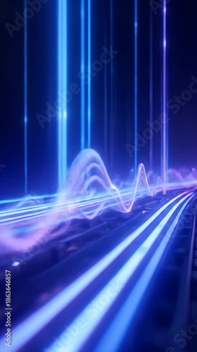 Futuristic technology with neon light trails illuminating a digital landscape background