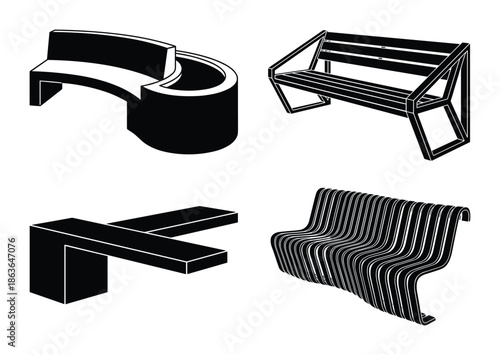 Four black vector art benches for parks or gardens with unique and creative contemporary designs.