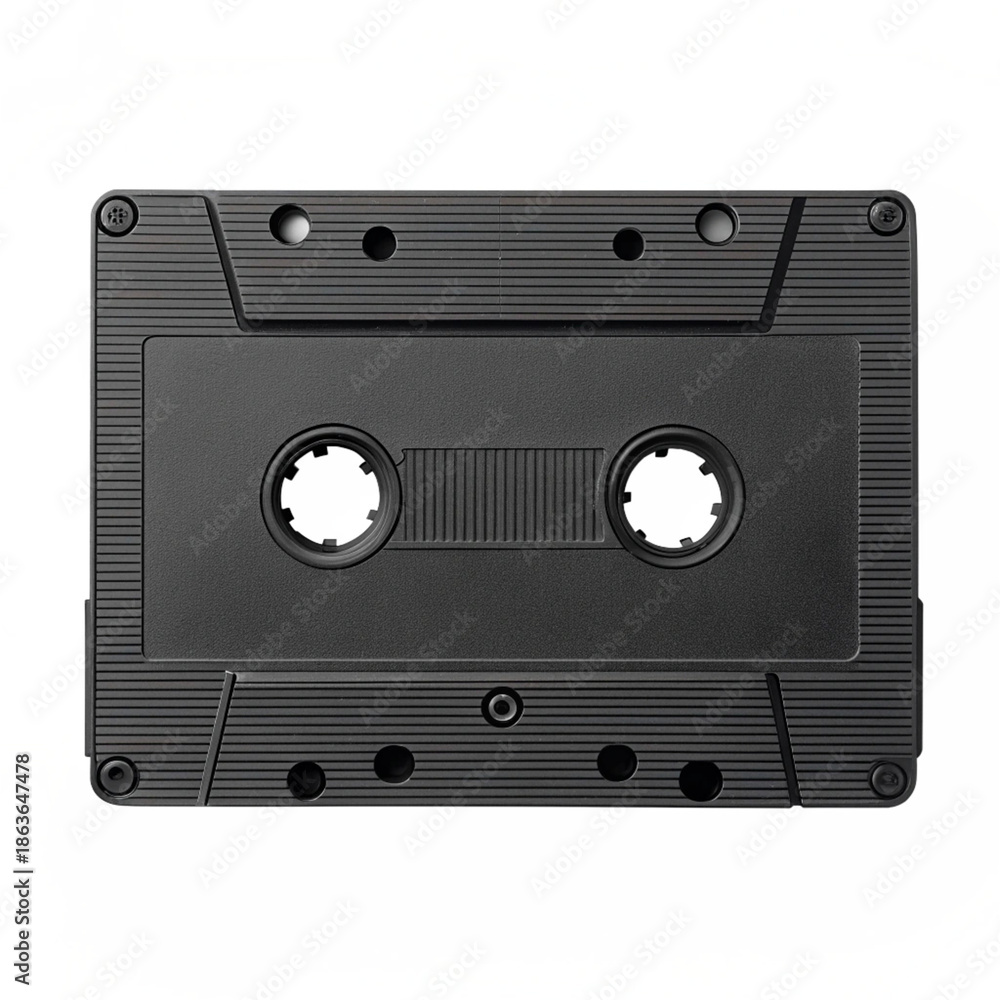 Naklejka premium Close up of a blank black cassette tape on a dark background