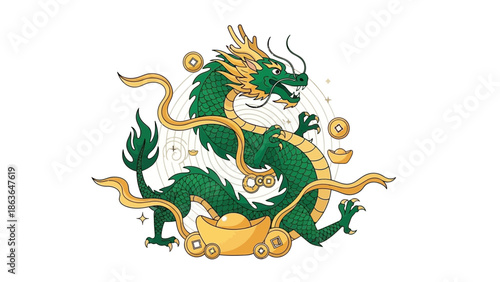 Chinese Dragon and Gold Coins, Symbol of Prosperity and Good Fortune