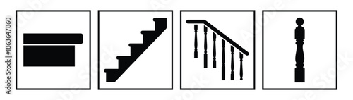 Four icons: stair parts, including a stair tread, stairs, railing and baluster. Staircase components isolated.