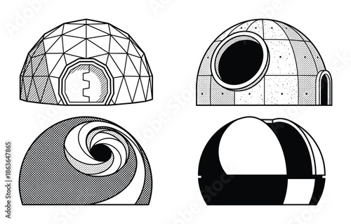 Four geodesic structures, dome designs in black and white. Architectural vector illustrations.