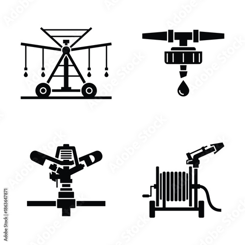 Four irrigation systems. Sprinklers, a dripping system, and a hose reel for gardening or farming.