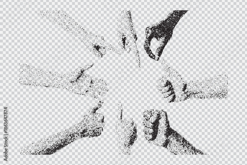 Hand Gestures Unity: A collection of various hands, each poised in different gestures against a transparent backdrop, symbolizing unity, interaction, and communication.
