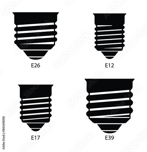 Set of light bulb base types showing E26, E12, E17 and E39 standard socket in black silhouette vector