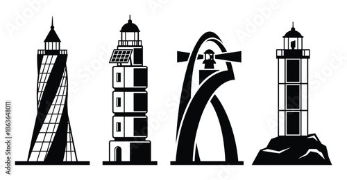 Four lighthouse silhouettes in black and white. Nautical architecture collection for graphic design projects.