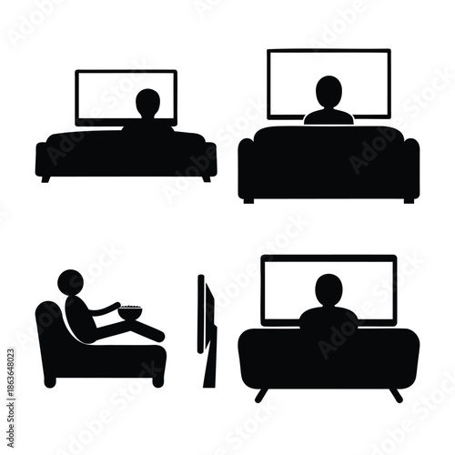 Watching tv icons, people on couch, home entertainment leisure Vector