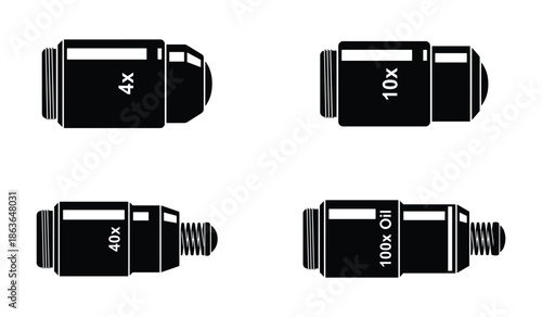 Four microscope objective lenses with different magnifications, including 4x, 10x, 40x, and 100x oil immersion.