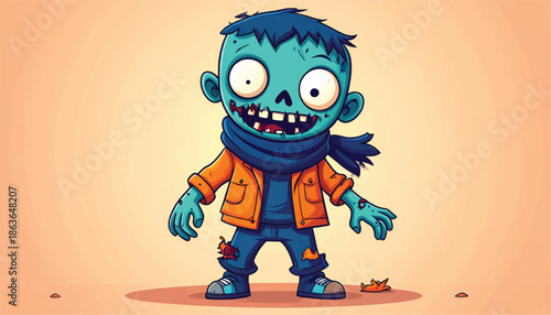 Cartoon Zombie Character Illustration with Blue Skin and Orange Jacket.