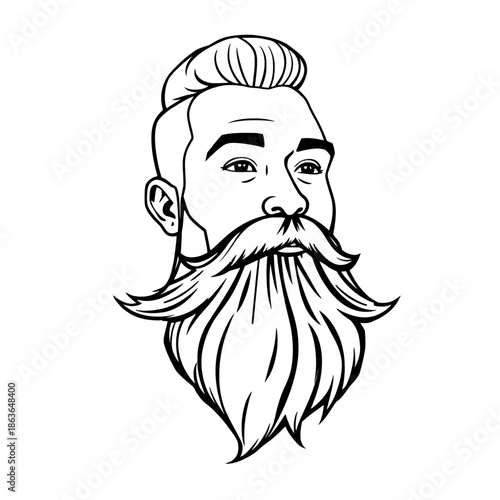 A black and white illustration of a man's head with a stylish haircut and an exceptionally long beard and mustache