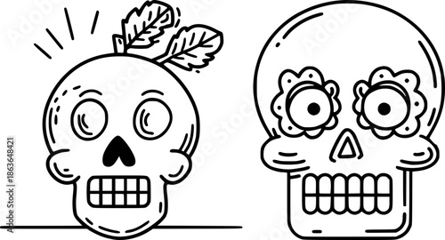 Set of two stylized line art skull illustrations, one featuring leaves and the other with traditional Mexican sugar skull floral patterns.
