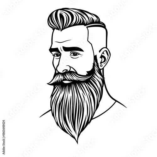 A stylishly illustrated portrait of a bearded man with a distinctive hairstyle and a long thick beard on a white background