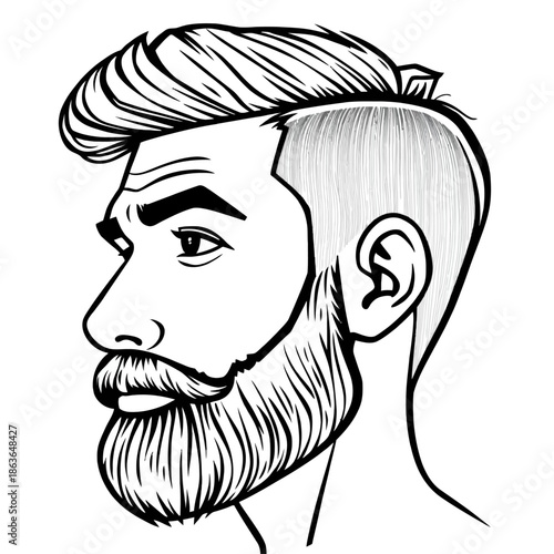 A black and white illustration of a man's head with a stylish haircut and beard