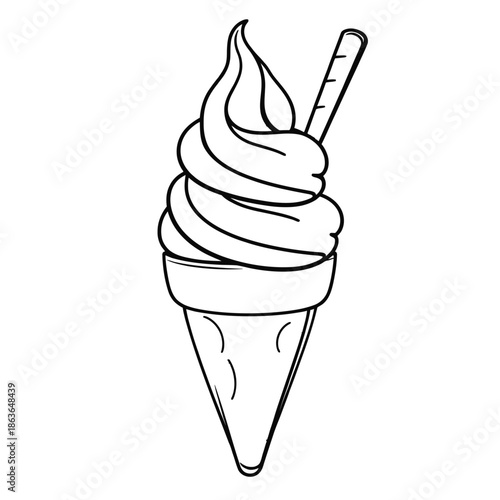 A black and white line drawing of a swirled ice cream cone with a stick