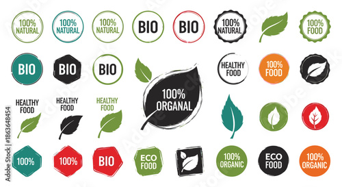 Diverse set of bio organic and eco-friendly food labels and badges featuring green leaves for natural product branding.