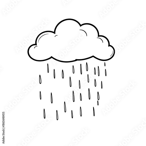 A simple black and white illustration of a raincloud with raindrops falling from it on a plain white background