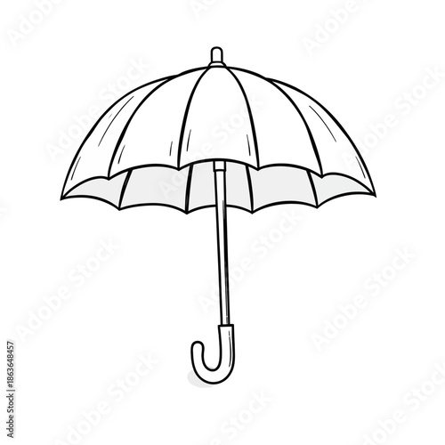 A simple line drawing of a classic umbrella with a curved handle on a white background