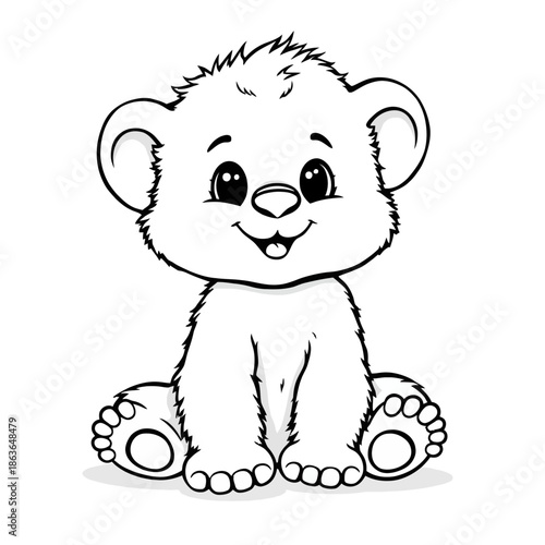 A cute cartoon lion cub sitting on the ground with a happy expression on its face