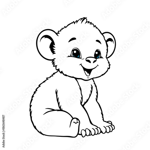 A cute cartoon lion cub with a happy expression sitting on the ground looking to the side