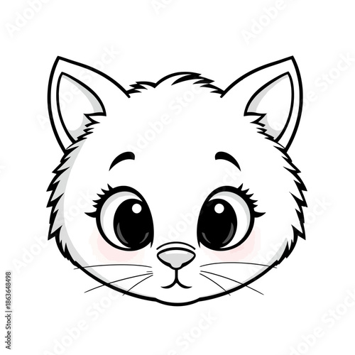 A cute cartoon illustration of a white cat's face with big eyes and a sweet expression