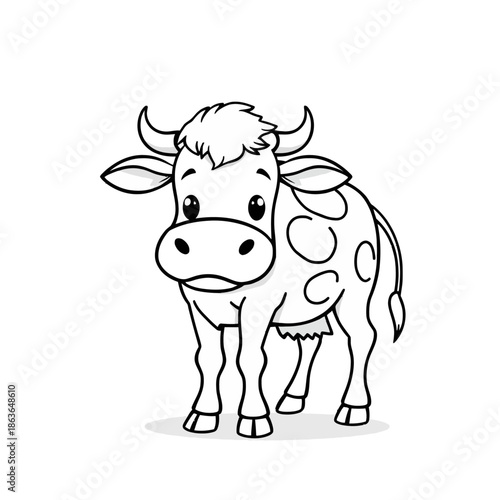 A cartoon cow with a friendly expression standing on a white background