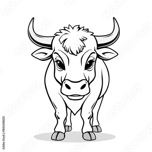 A black and white cartoon illustration of a bull with large horns standing on a plain background looking directly at the viewer with a slight smile on its face and a shadow underneath its feet