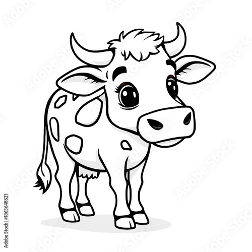 A cartoon cow with large eyes and spots stands on a plain background in a black and white illustration
