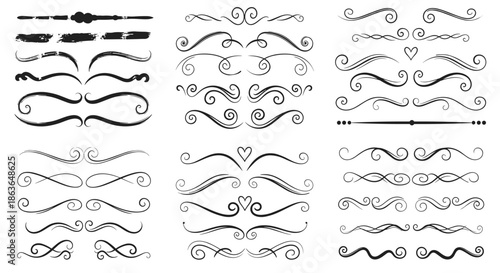 Comprehensive set of hand-drawn decorative dividers flourishes and page borders for elegant stationery and document layout.
