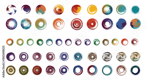 Large set of colorful grunge paint circle strokes and textured swirl shapes for artistic background and logo design elements.