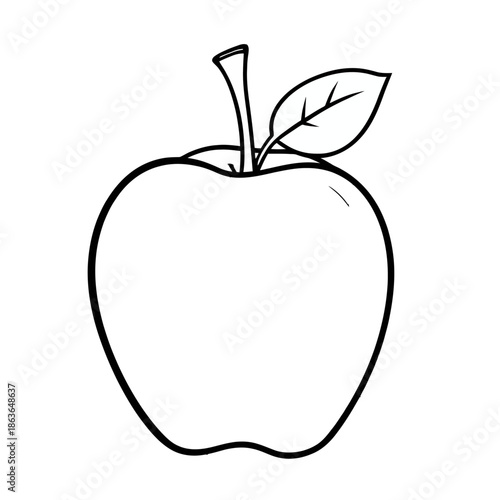 A simple line drawing of a single apple with a stem and leaf on a white background