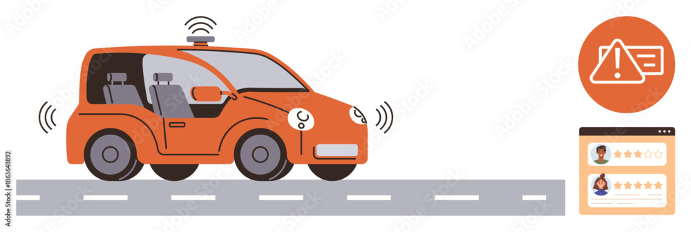 Naklejka premium Smart transportation, autonomous technology, safety protocols, user reviews, navigation systems, futuristic vehicles. Self-driving car with digital icons. Smart transportation and autonomous