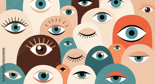 Creative abstract background featuring a crowd of stylized eyes in various colors and expressions for a unique artistic look.