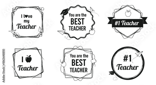 Set of black and white teacher appreciation labels and badges with apples and paper planes for school event invitations.