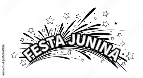 Stylized Festa Junina title in an outline font with stars and fireworks for Brazilian June festival celebration designs.