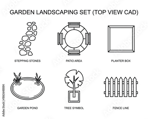 Garden landscaping CAD set top view showing stepping stones, patio, planter box, pond, tree symbol and fence line.