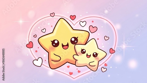 Cute yellow cartoon stars embracing with love hearts in a sparkling romantic gradient atmosphere illustration